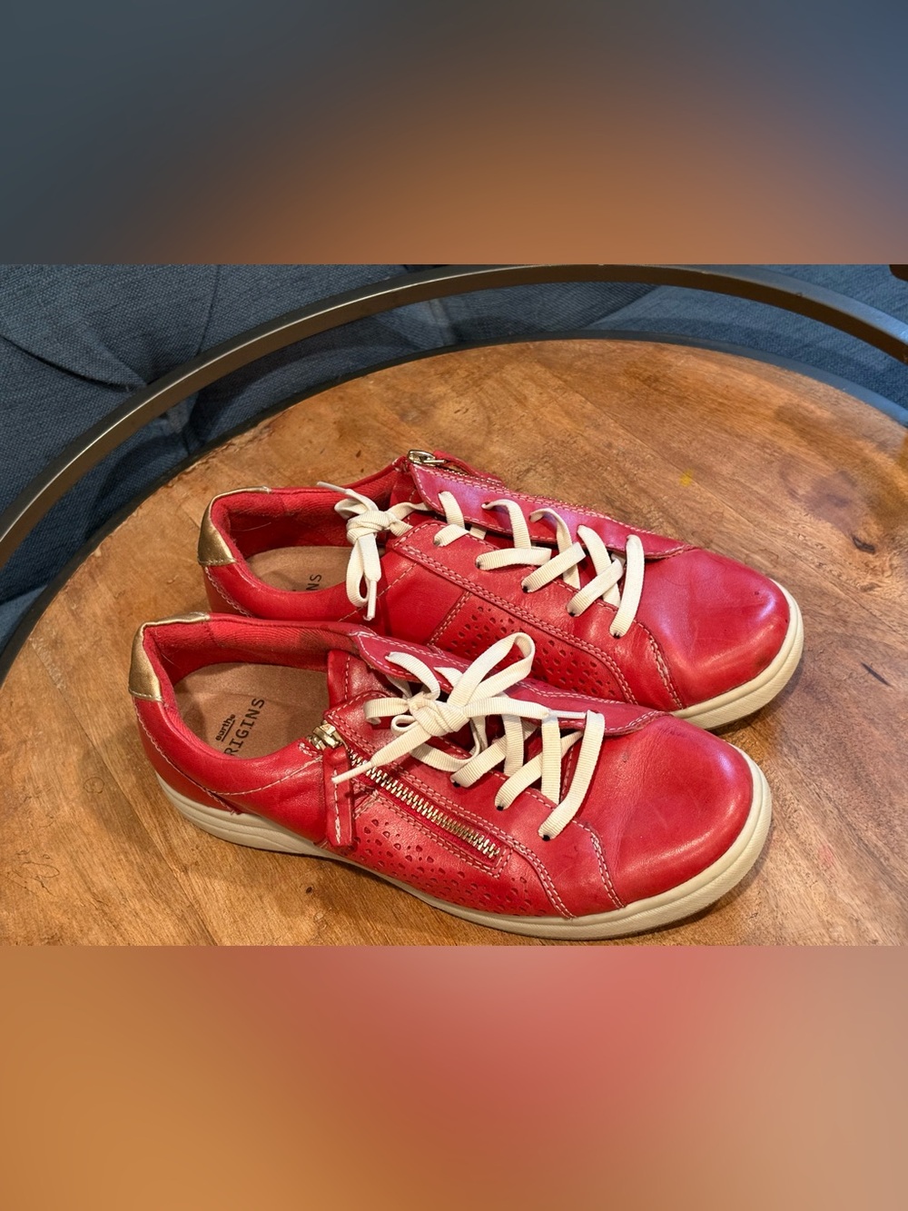 Earth Origins Red Leather Sneakers with Cream Laces Side Zipper and Gold Accent